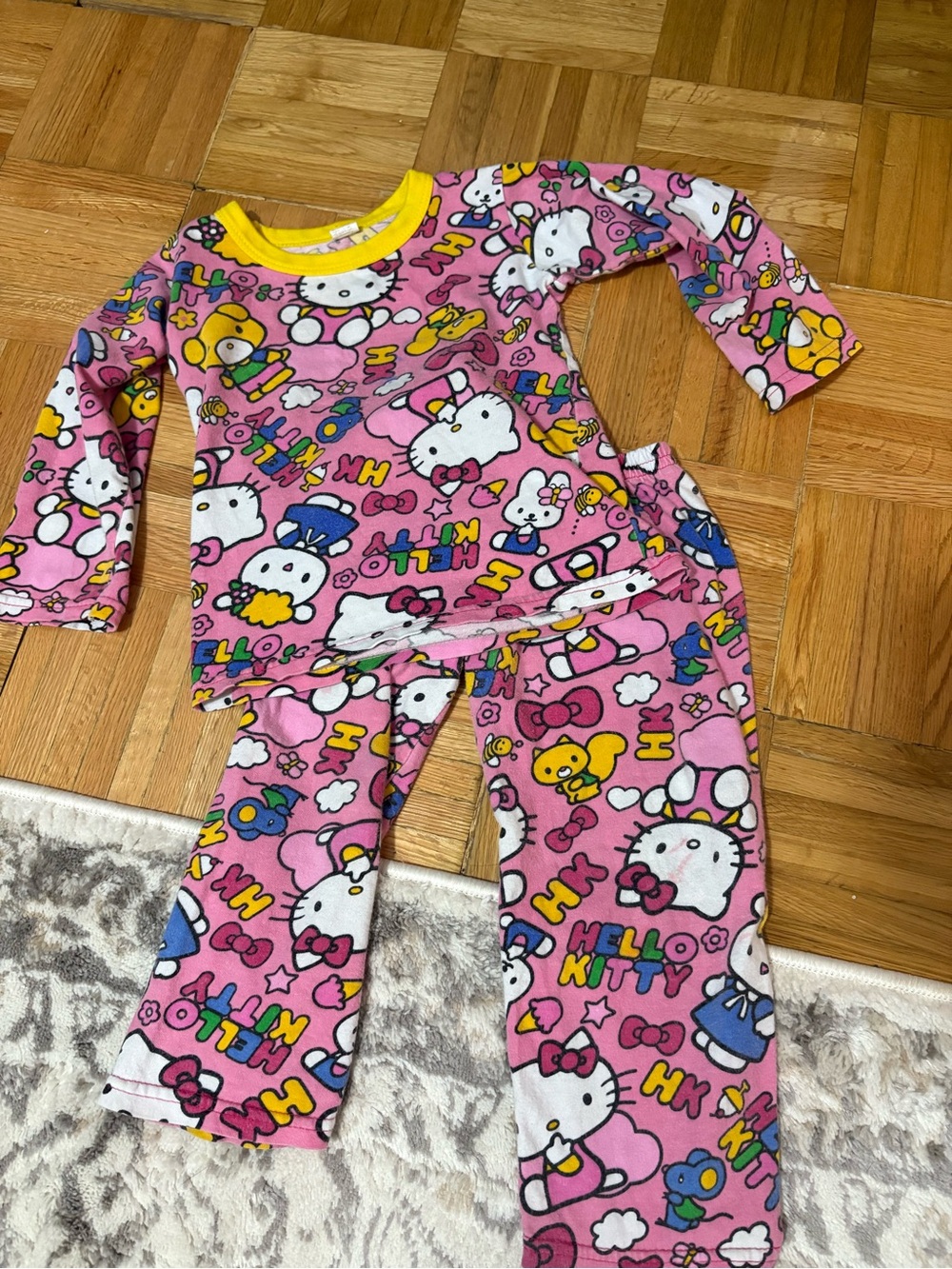 Vintage Pink Hello Kitty Pajama Set with Yellow Trim 2 years